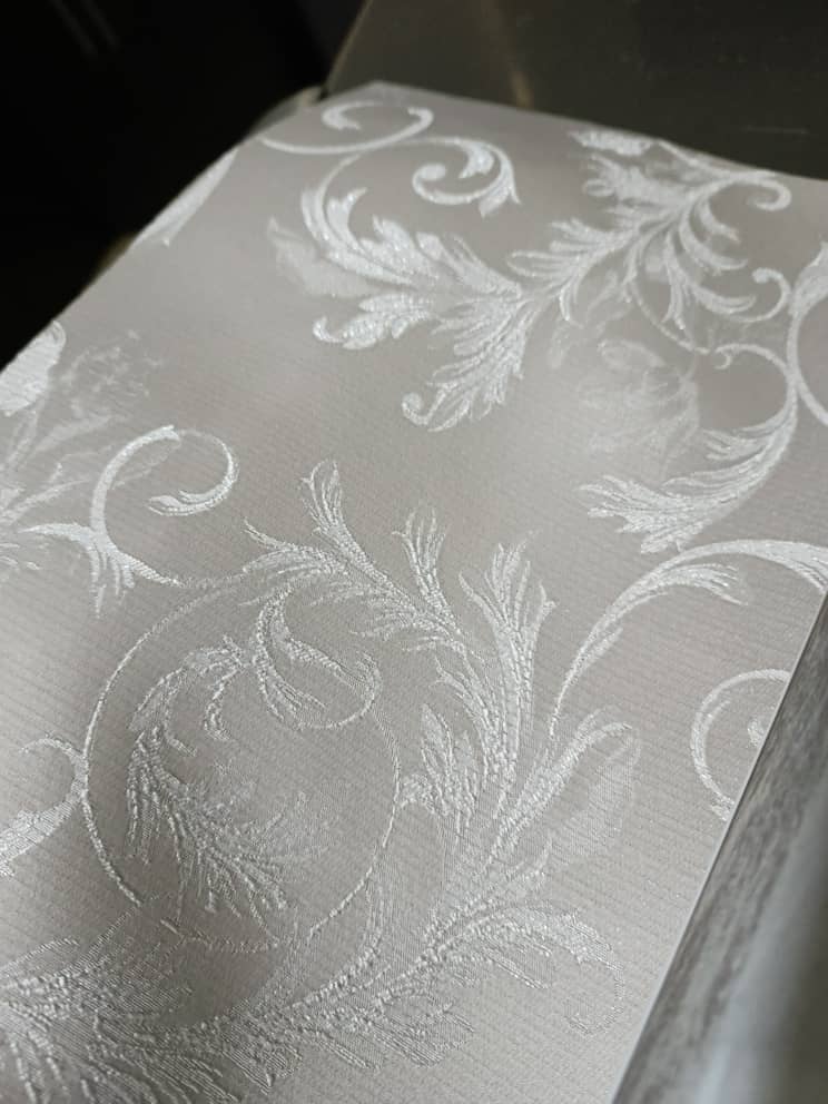 Soft dove grey with white embroidered scrolls
